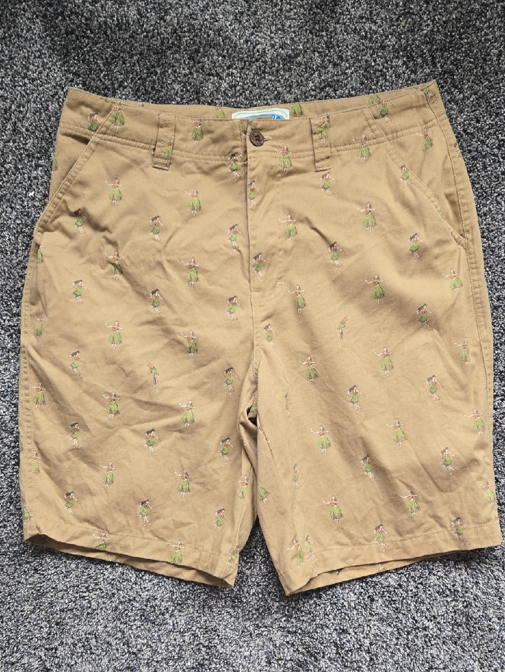 Margaritaville Tan Shorts With Hula Girl & Parror Print, Flat Front, Size 34